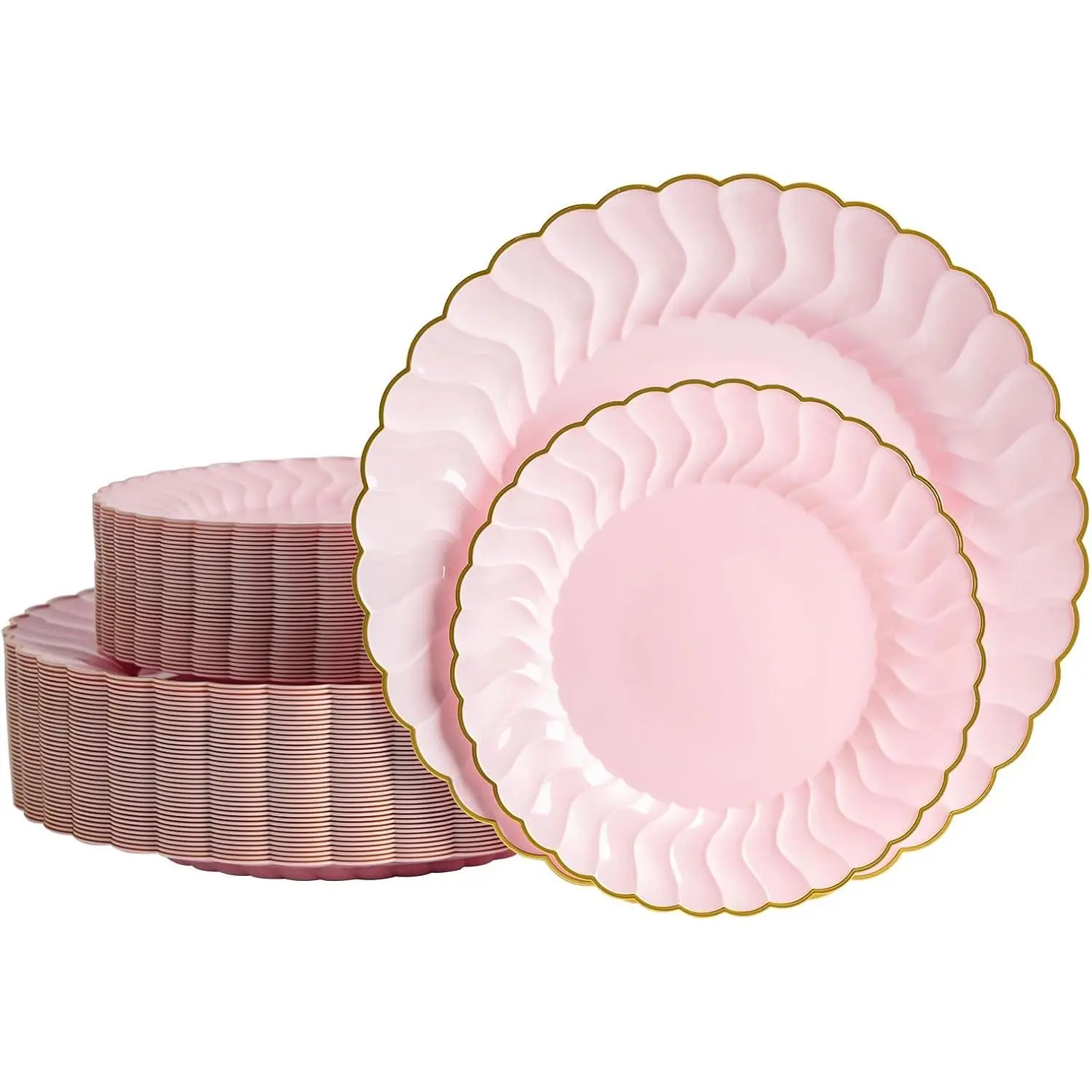 80-Piece BPA-Free Food-Safe Pink Scalloped Edge Gold-Rim Disposable Plastic Plates Set - 7in & 10in Assorted for Birthday, Wedding Tableware Setup