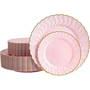 80pcs Pink Scalloped Plastic Plates With Gold Rim, Include 7 inch and 10 inch disposable Plastic Plates for Party, Wedding, Birthday