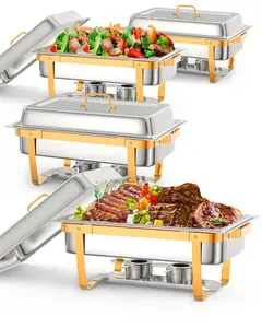 【GARVEE】4-Pack 8 QT Gold Chafing Dish Buffet Set with Folding Frames, Includes Spoons & Tweezers, Ideal for Weddings, Parties, Banquets, and Catering Events