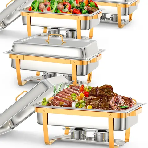 【GARVEE】4-Pack 8 QT Gold Chafing Dish Buffet Set with Folding Frames, Includes Spoons & Tweezers, Ideal for Weddings, Parties, Banquets, and Catering Events