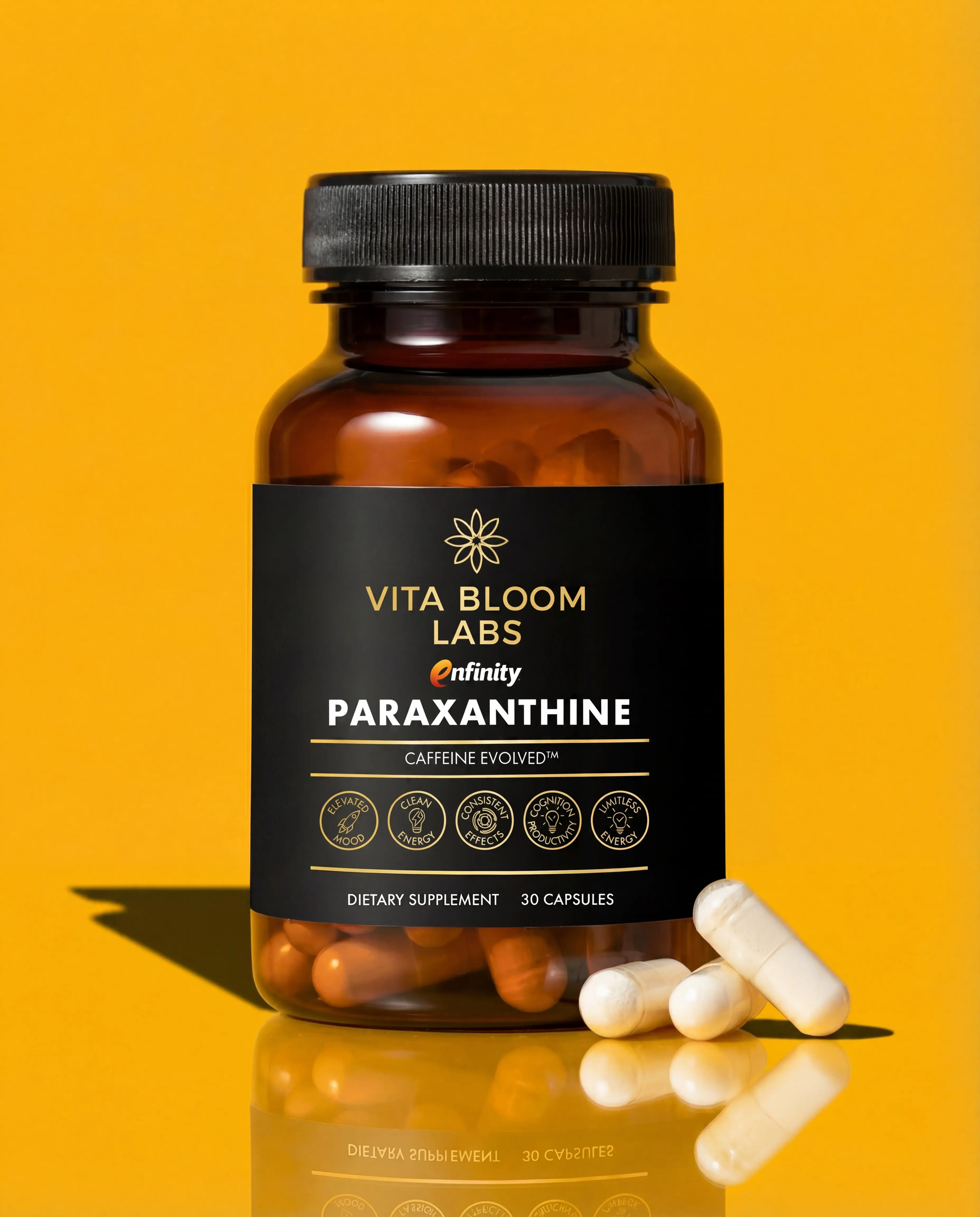 Vita Bloom Labs Enfinity Paraxanthine 200 mg, Clean Energy Caffeine Alternative for Focus and Alertness Without Jitters, Nootropic Energy Supplement, 30 Capsules