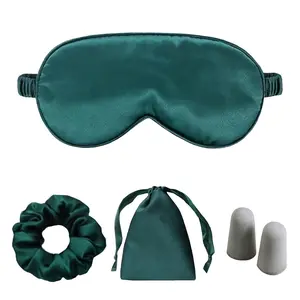 LCBD Silk Satin Sleeping Eye Mask Dark Green Sleep Eye Night Blindfold for Women and Men Eyeshade Cover With Satin Hair Scrunchies and Ear Plugs Wedding Bridesmaid Gift
