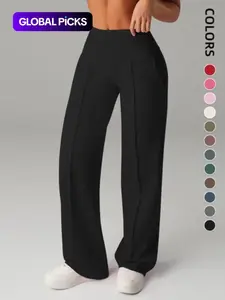 Women's Mid-Waist Elastic Wide Leg Pants, Casual Sporty Style, Comfortable Side Pockets, Multi-Functional Spring & Fall Wear, Everyday, Womenswear