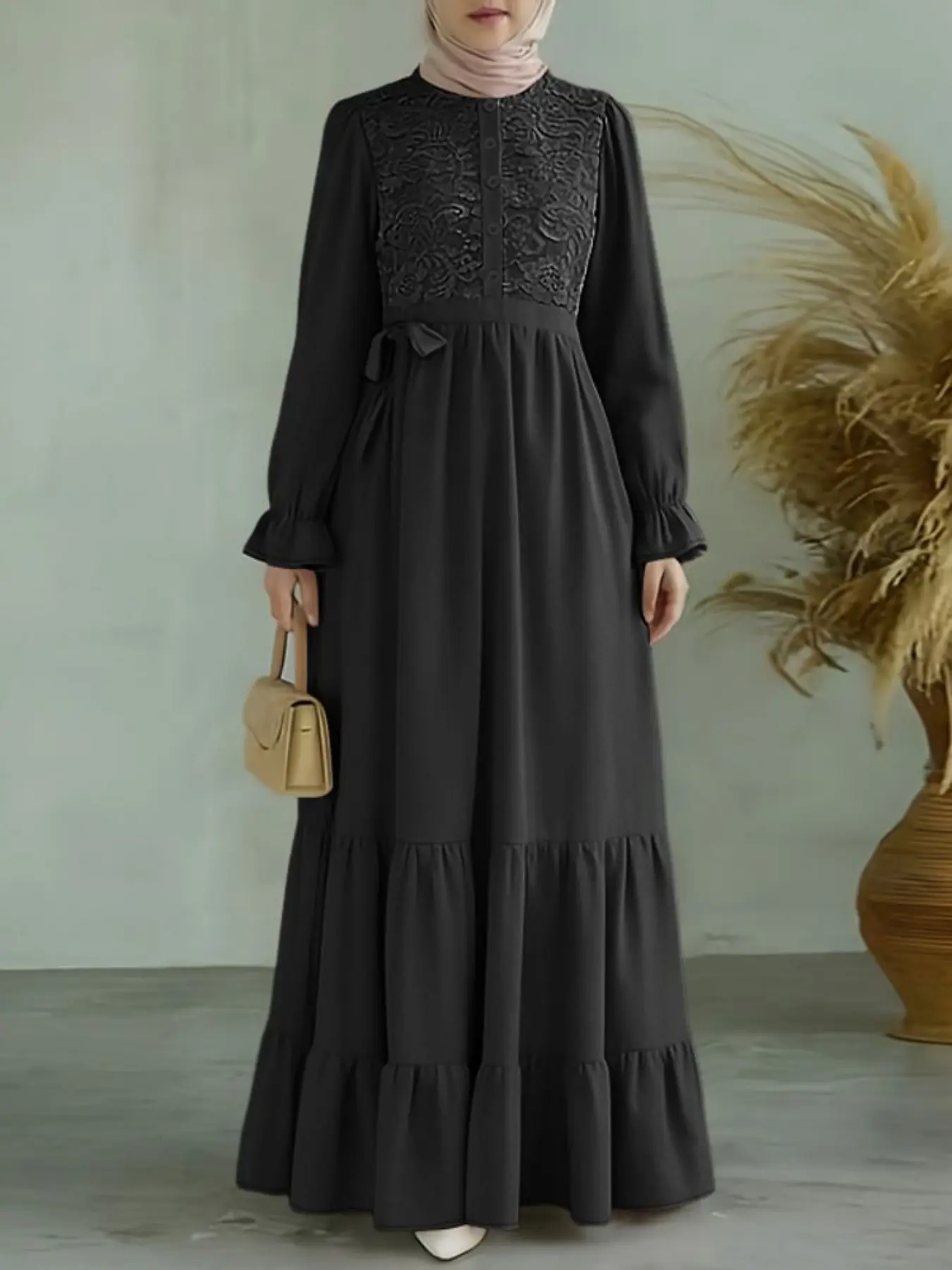 Women's Plain Long Dress, Street Fashion Lantern Sleeves, Fitted Design, Modest Fashionable Style Dress, Long Sleeve Dresses, Perfect for Daily Commute, Travel, Parties