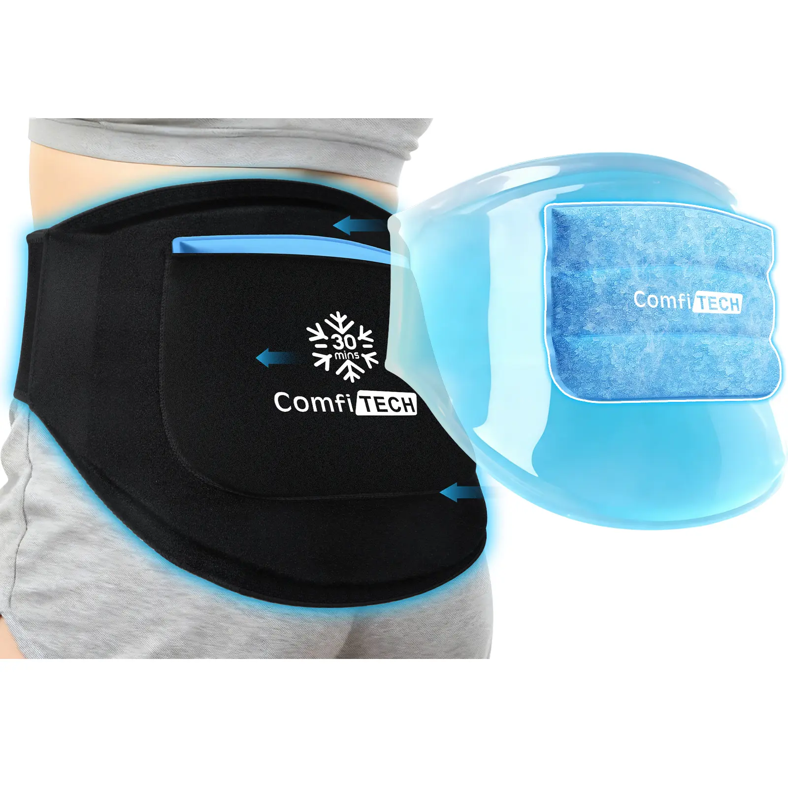 ComfiTECH Dual-Gel XL Size Cold Compression Ice Pack for Back - 30-Minute Extended Cooling, Detachable Gel Pack, Flexible Lower Back Wrap for Ice Therapy (Sciatic Nerve, Herniated Disc Discomfort), Cold Compression Ice Packs
