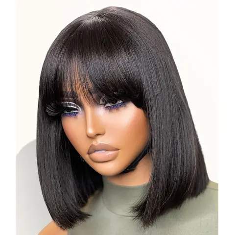 Glueless Straight Blunt Cut Bob Wig With Bang Human Hair 4X4 Middle Part HD Transparent Lace Natural Black Ready To Go Glueless Human Hair Fringe Wigs 180% Density
