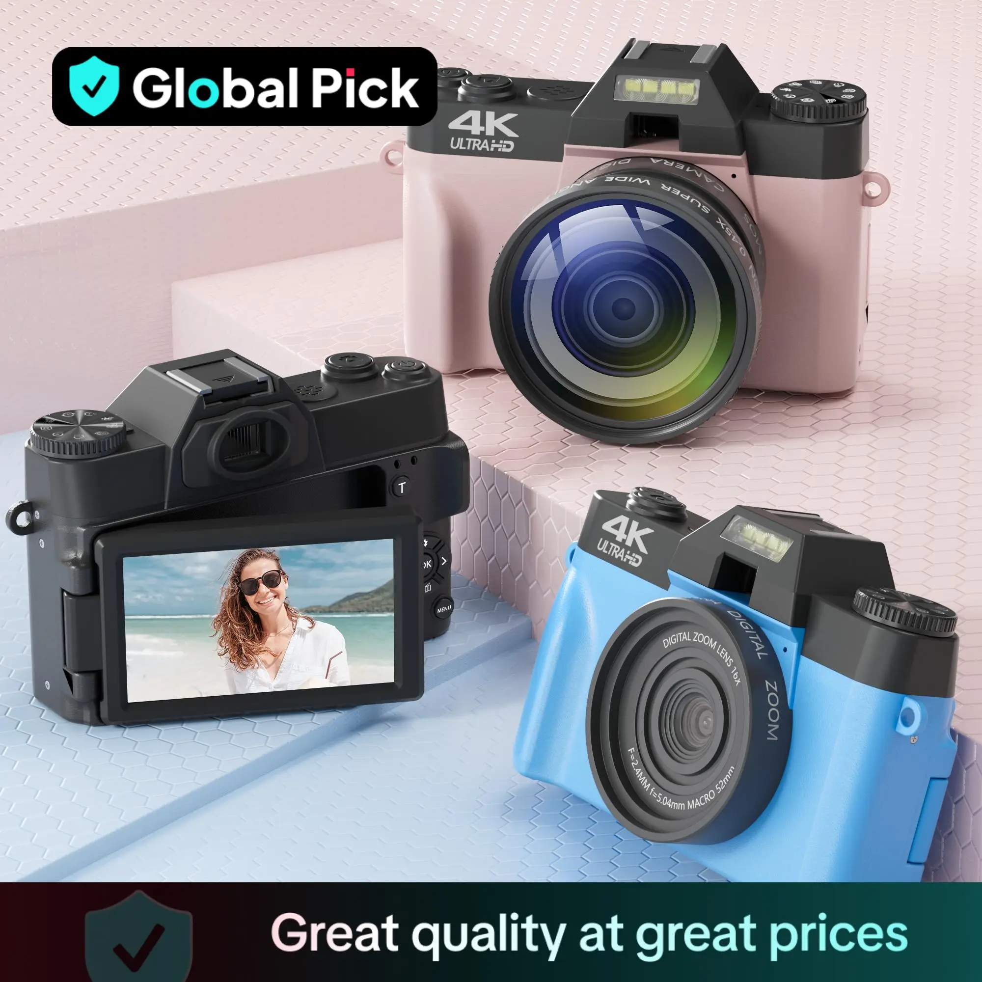 GLOBAL PICK 4K Digital Camera with 180° Flip Screen, 16X Digital Zoom Vlogging Camera, Autofocus Camera, Including Wide Angle & Macro Lens, 32GB TF Ca