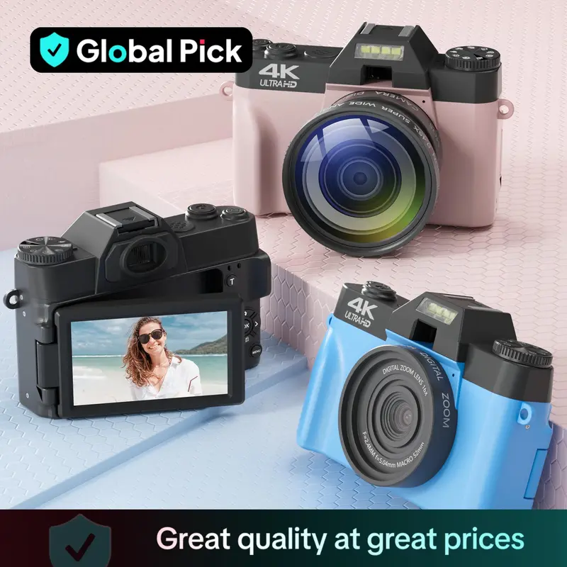 GLOBAL PICK 4K Digital Camera with 180° Flip Screen, 16X Digital Zoom Vlogging Camera, Autofocus Camera, Including Wide Angle & Macro Lens, 32GB TF Card, Ideal Gift Choice, Photographic Kit 0
