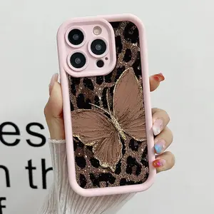 Stylish Leopard Print Butterfly Pattern Case for iPhone 17 16 15 14 Pro Max 13 12 11 XR XS Plus Air Slim Lightweight Shockproof Anti Drop Protective Durable TPU Cover high quality design accessory flaunt gift