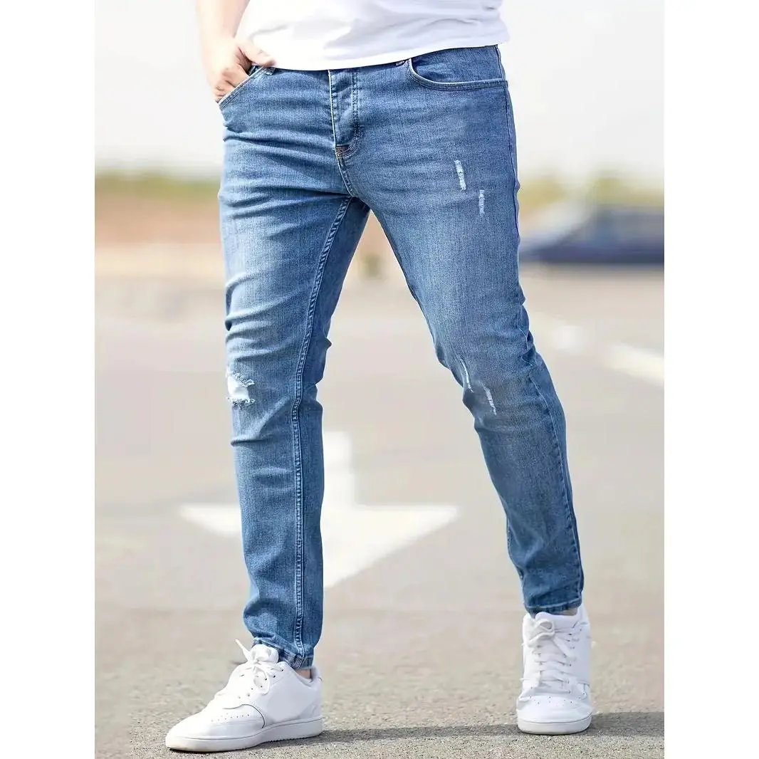 Men's Bleached Wash Cat Scratch Ripped Skinny Jeans, Blue, Medium Wash and Light Wash Men's Jeans, Men's Raw Denim