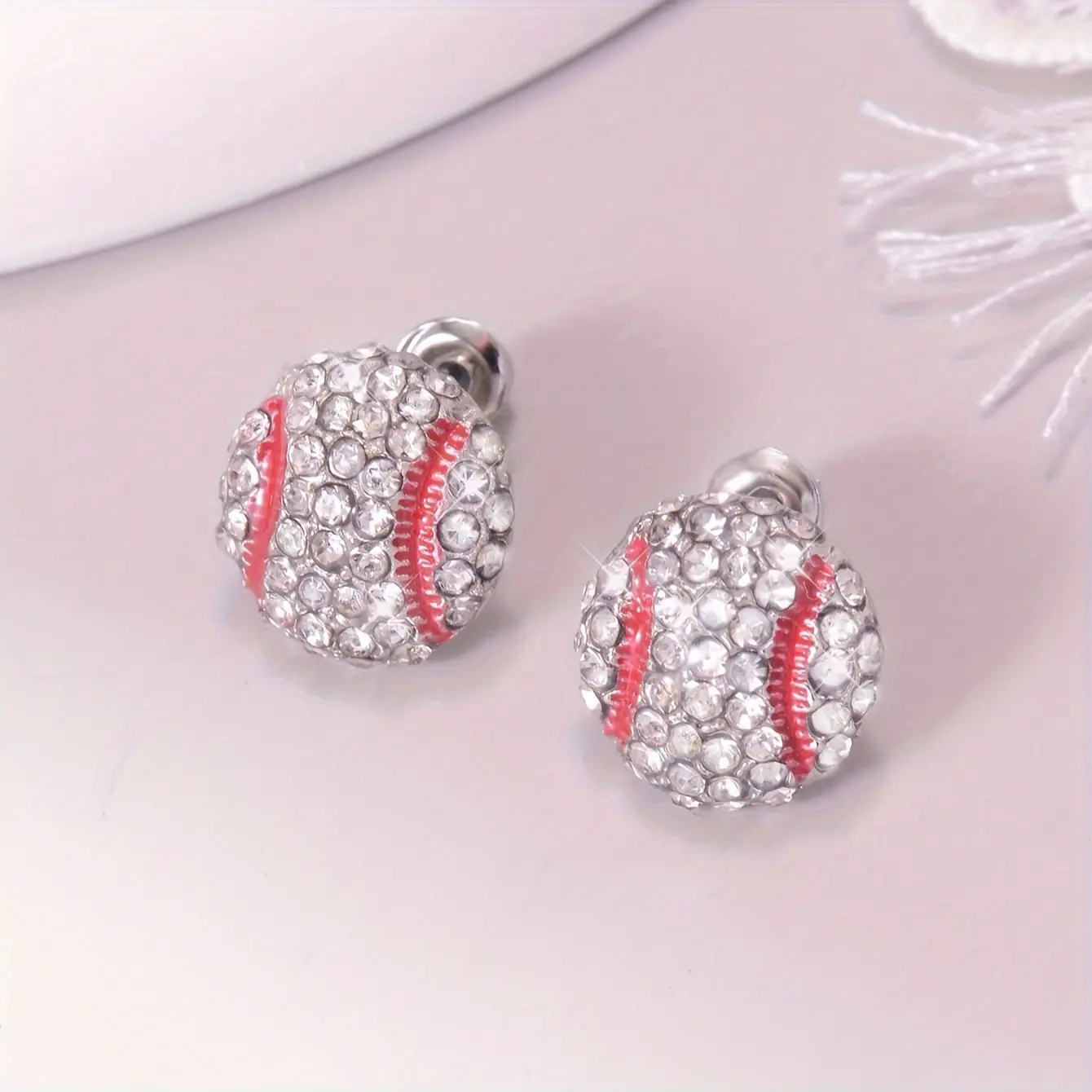Baseball Basketball Design Earrings, Cute Ball Game Sports Earrings, Rhinestone Decor Stud Earrings, Light Luxury Earrings