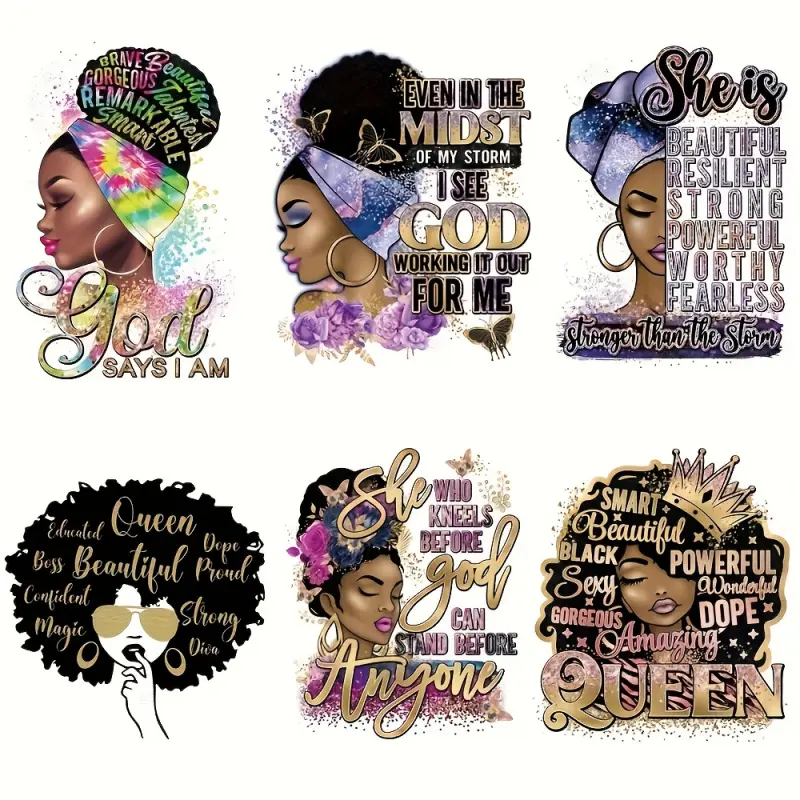 6 Pack African Women Power Iron on Patches Multi Color Inspirational Quotes Vinyl Heat Transfer Stickers for T Shirts Backpacks Hats Diy Craft Supplies DIY Crafts Diy Products Fashion Decoration Encouraging African Female Design