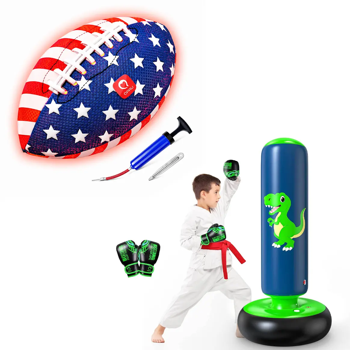 QPAU 48" Inflatable Punching Bag and 9" LED Glow USA Football – Kids Boxing Set for Energy Out Practicing Karate, Taekwondo and Outdoor Night Play, with Pump and Batteries