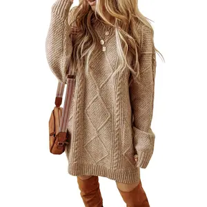 Asvivid 2026 Spring Clothes For Women Cable Knit Dresses Drop Shoulder Casual Loose Fit Long Sleeve Sweater Dress for Autumn/Winter Knitwear