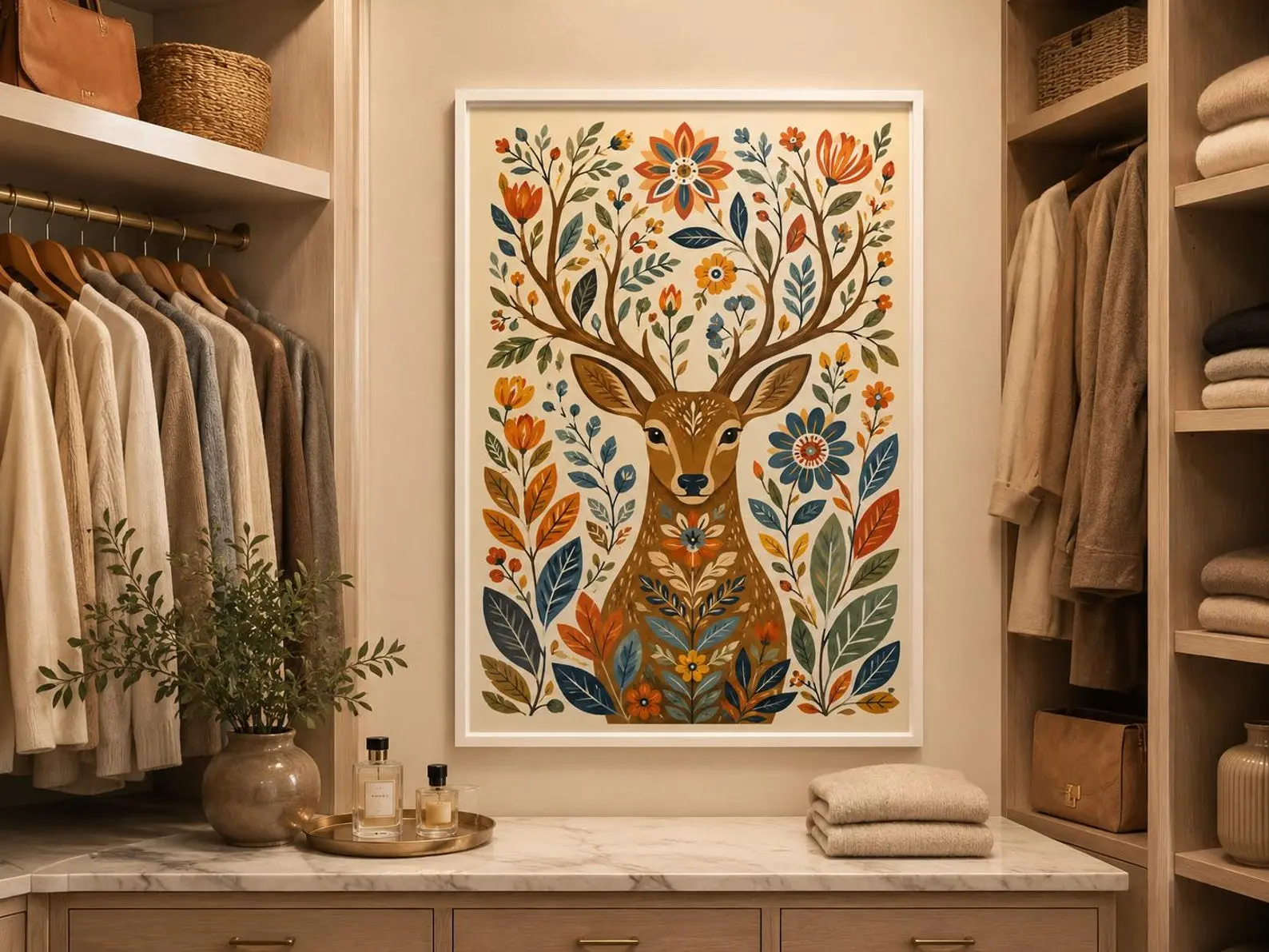 [Unframed] Folk Art Deer Print, Scandinavian Woodland Animal Poster, Cottagecore Wall Art, Botanical Deer Decor, Autumn Nursery Print