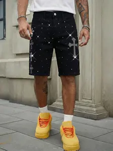 Summer Men's Rhinestone Cross Full Drill Loose Straight Denim Shorts, Trendy American High Street Casual Five-Piece Pants