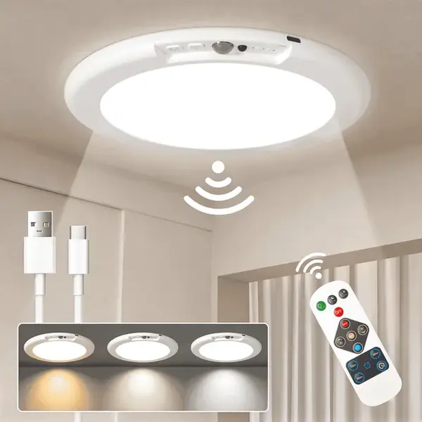 4000mAh Rechargeable Wireless Motion Sensor Ceiling Light with Remote Control, Magnetic Battery-Operated Indoor Light for Closet, Loft, 10-Level Adjustable Brightness, 3 Color Temperatures, 400 Lumen Dimmable All-Seasons Home Supply