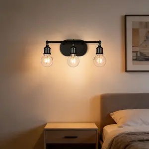 Vintage 3-Light Bathroom Vanity Light Fixtures Over Mirror, Black and Brass Modern Style with Glass Shade, Bulb Not Included