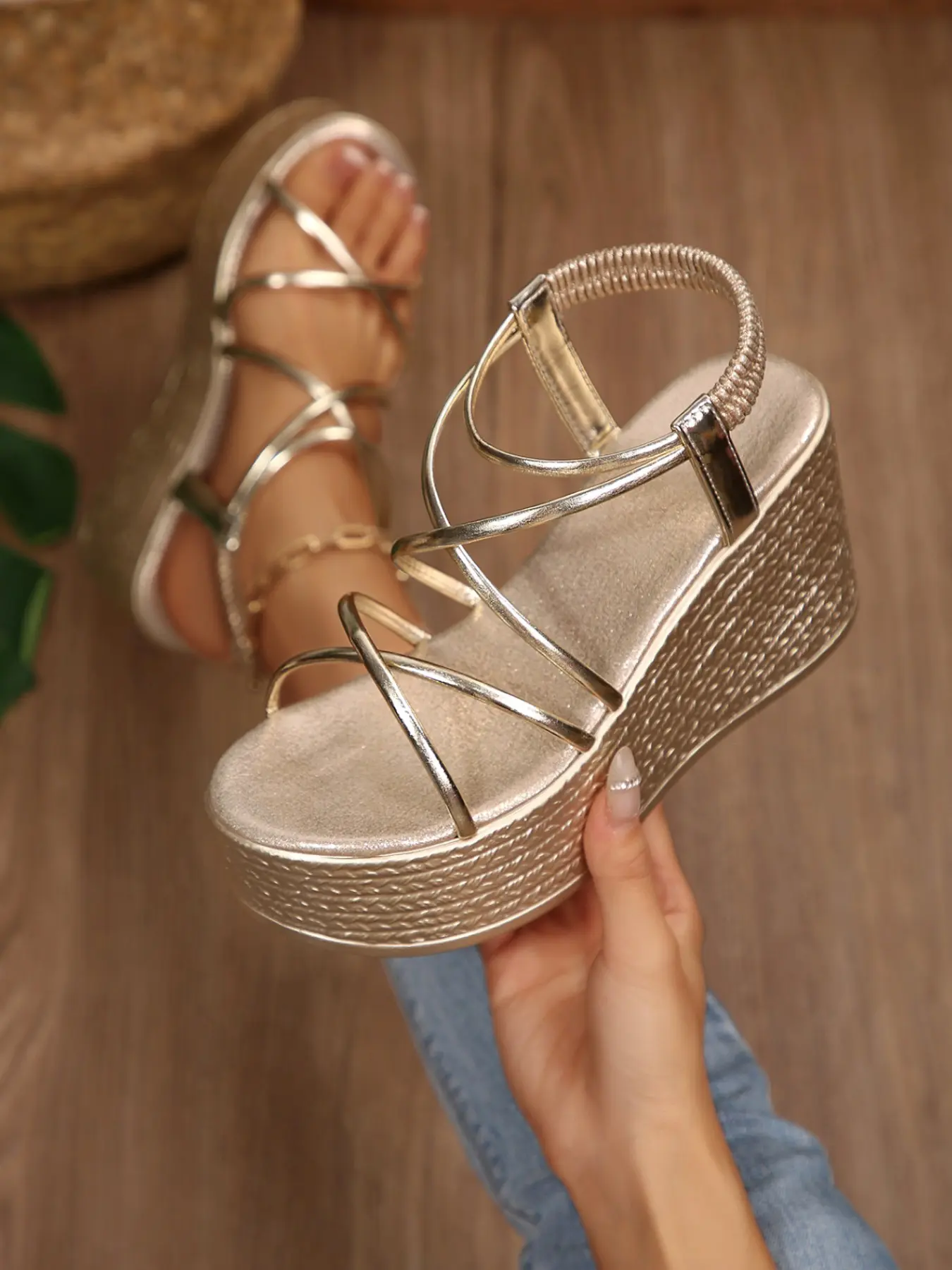 Summer New Thin Strap Hollow Out Roman High Heels Women Fashion Stylish, Elegant, European Style Thick Sole Waterproof Platform Wedge Design, Party Evening Shoes, Leather Wedges, Heeled Wedge Shoes