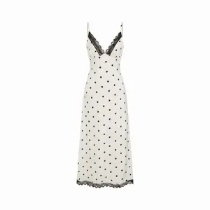 Cider Polka Dot V-neck Lace Trim Backless A-line Maxi Dress