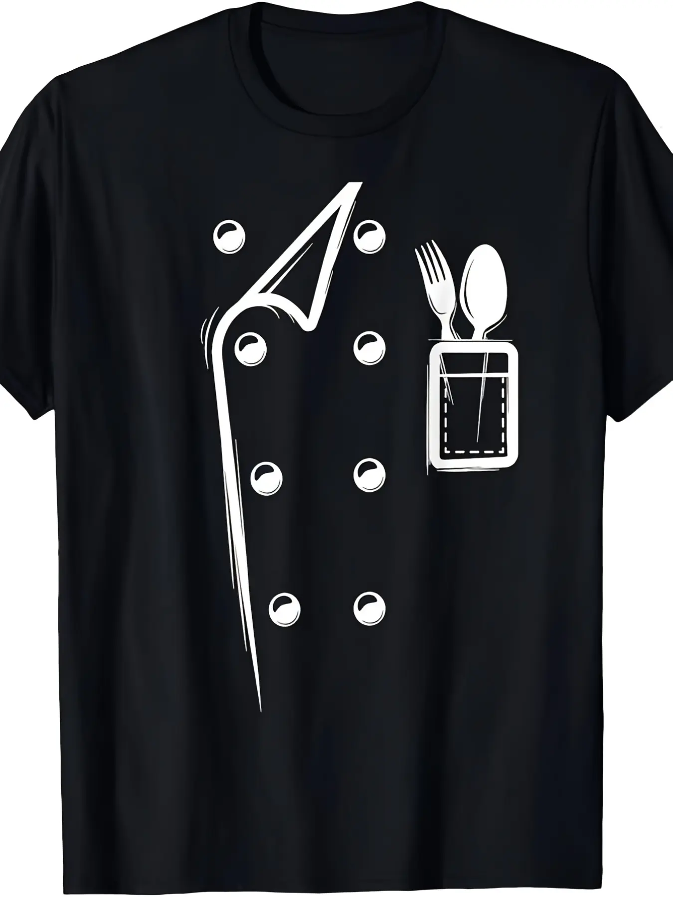 Chef Coat Funny Fork Spoon Pocket Graphic T-Shirt, Minimal White Line Cook Uniform Crew Neck Tee, Restaurant Kitchen Staff Casual Work Short Sleeve Top, Novelty Birthday Gift For Professional Chefs & Home Cooks, Unisex Black Cotton Streetwear Tee