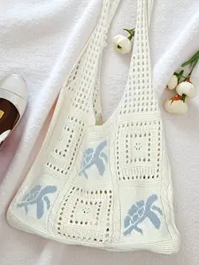 Women's Summer Beach Handbag, Turtle Pattern Crochet Design, Large Capacity Open Top Bag, Polyester, Casual Outdoor Travel Accessory, Fashionable Crossbody Bag