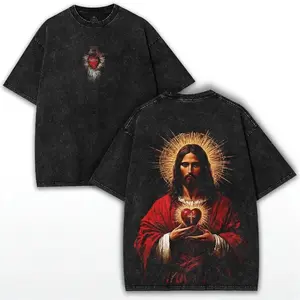 Vintage Washed Jesus Shirt Oversized Streetwear Graphic Tee Sacred Heart Religious Christian Apparel Unisex Faith Inspired Gift for Him Her Aesthetic T-Shirt