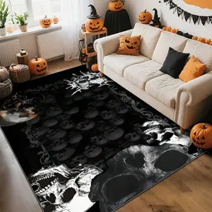 1Pc Large Halloween Horror Skull Faux Cashmere Rug, Non-Slip Backing, Lightweight, Durable Polyester, Machine Washable, Comfortable And Skin-Friendly, Easy To Clean, Soft Felt Back Rugs For Living Room, Bedroom Or Office, Sofa, Coffee Table
