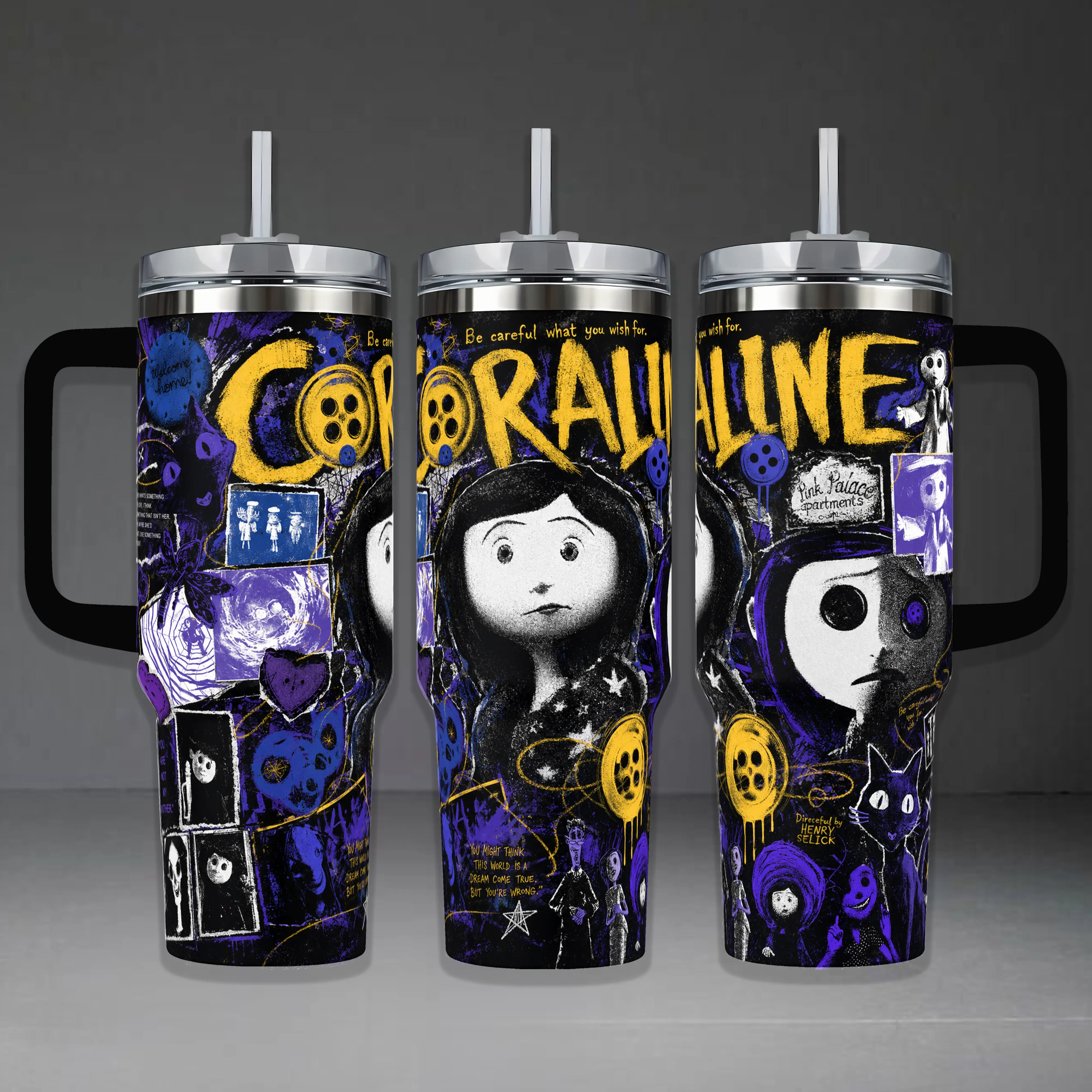 Coraline "Be Careful What You Wish For" Tumbler - 40oz Insulated Travel Mug with Handle, Iconic Button Eyes & Pink Palace Graphic, Gothic Fantasy Movie Fan Gift, Stainless Steel Drinkware with Lid and Straw