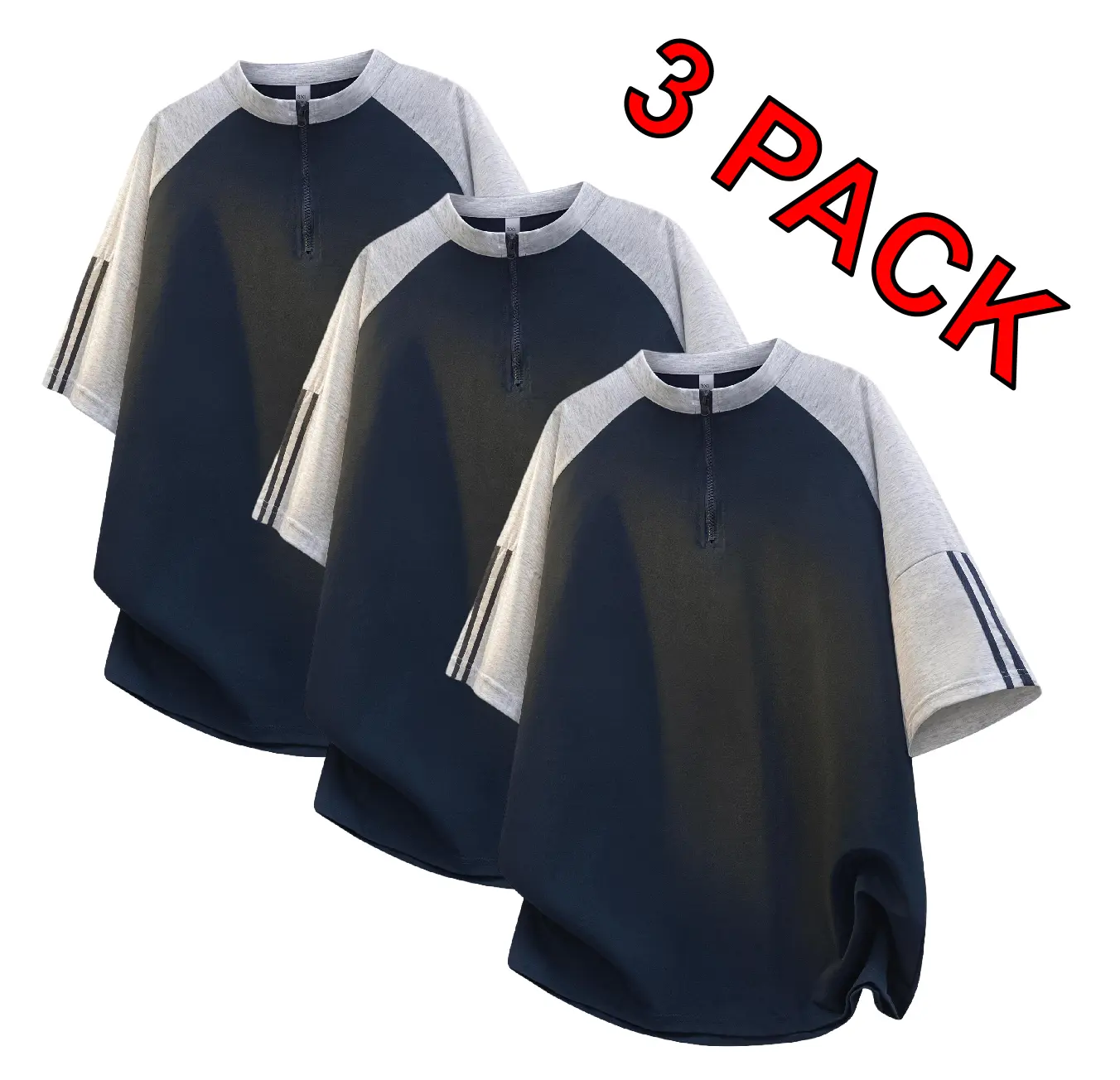 Men's 3-Pack Color-Block Short-Sleeve Raglan T-Shirts - Menswear Polyester Clothes, Half-Zip Loose Fit Tops with Striped Cuffs, Preppy Party Summer Layering Street-Style Shirts, Sporty