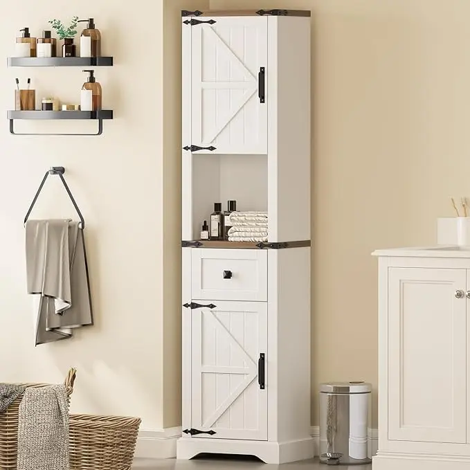 [Summergarden] Vabches 66" Tall Freestanding Wood Cupboard - Wooden Bathroom Cabinet, Farmhouse Narrow Storage Unit with Barn Doors, Drawer, 5-Tier Adjustable Shelves for Bathroom, Living Room