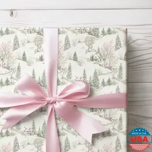 Christmas Village Wrapping Paper Roll, Holiday Gift Wrap, Green and Pink Toile De Jouy, Christmas Gifts for Her