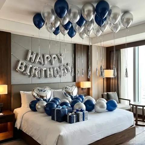 104-Piece Reflective Shiny Silver Happy Birthday & Anniversary Decor Set - Navy Blue Aluminum Foil Letters, Heart, Silver Latex Straws, Decorative Letters Balloons for Indoor/Outdoor Kids Party Supplies