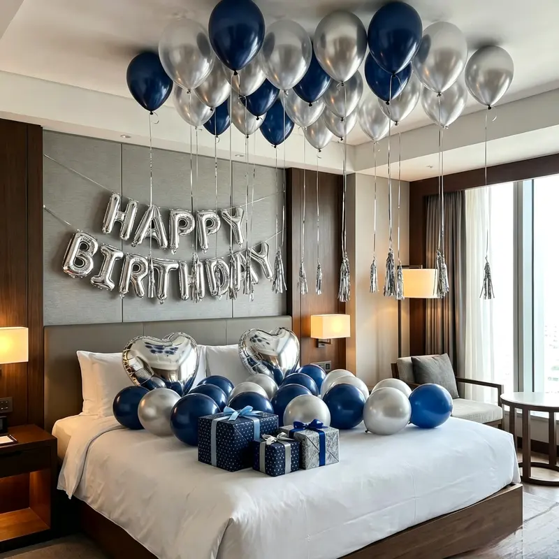 104-Piece Reflective Shiny Silver Happy Birthday & Anniversary Decor Set - Navy Blue Aluminum Foil Letters, Heart, Silver Latex Straws, Decorative Letters Balloons for Indoor/Outdoor Kids Party Supplies