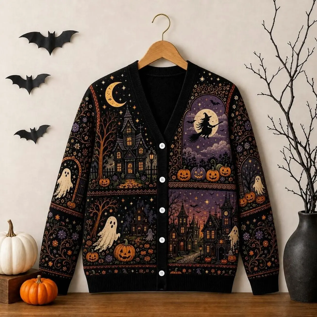 Black Gothic Halloween Cardigan Jacket, Witch Moon, Haunted Village, Ghost Pumpkin Folk Art