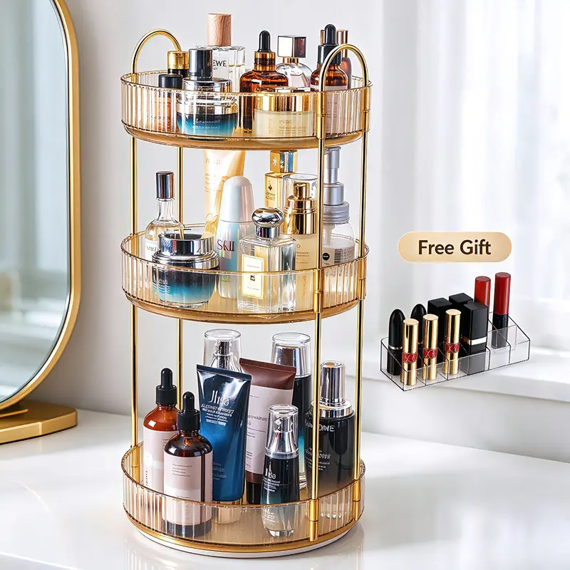 Apraly 3-Layer Open Lazy Susan Tray - 360° Rotating Cosmetic Makeup Organizer, 12-Slot Lipstick Holder, Durable Portable Beauty Countertop Organizer for Dorm Room, Bathroom, No Assembly Required, Space-Saving Home Storage