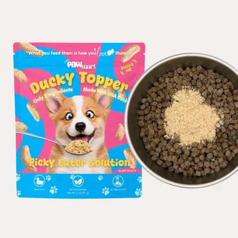 The Pawmart Freeze-Dried Dog & Cat Food Topper - Only 3 Simple Ingredients (Real Duck, Salmon, Beef, Chicken Liver, Goat Milk), Small-Batch Production, No Fillers, No Preservatives, High-Protein Meal Enhancer for Picky Eaters, 1 oz/2 oz Options
