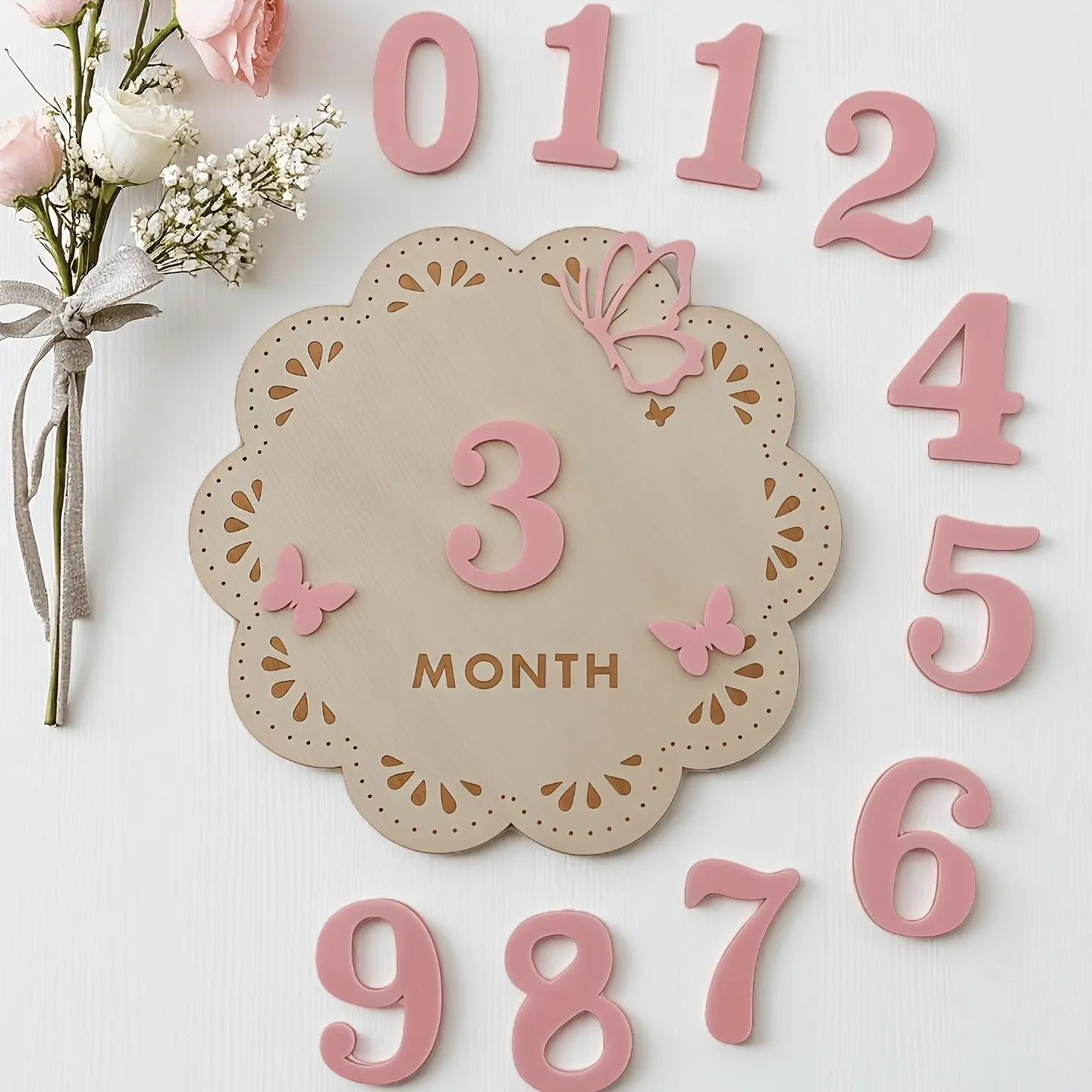 Wooden Calendar Plate Butterfly Theme Baby Milestones, Multi-Functional Photo Prop and Bedroom/living Room Decor, Home Decoration, Cute Home Decor, Classic Style, Desktop Installation, Wood Sign