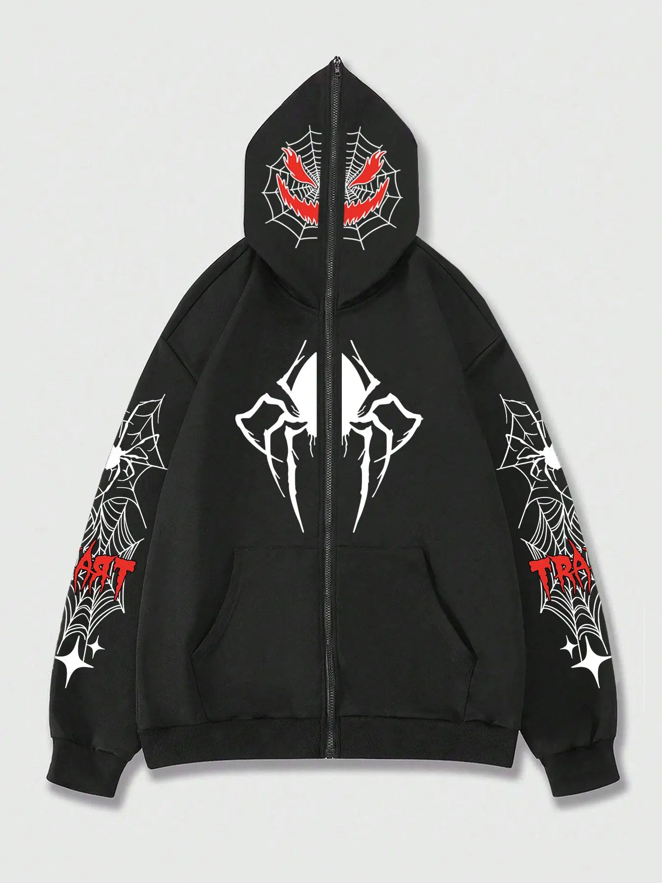 Unisex Men's Spider & Letter Print Pocket Zip Up Hoodie, Graphic Hoodies, Street Casual Drop Shoulder Long Sleeve Hooded Jacket for Fall & Winter, Men's Top for Daily Wear