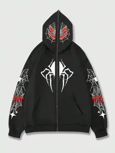 Unisex Men's Spider & Letter Print Pocket Zip Up Hoodie, Graphic Hoodies, Street Casual Drop Shoulder Long Sleeve Hooded Jacket for Fall & Winter, Men's Top for Daily Wear