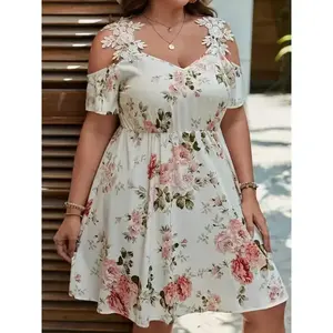 1pc Plus Size Floral Print Dress with Off-Shoulder Lace Detail, Vacation Style, Polyester, Non-Stretch, All-Season, A-Line Waist Skater Casual Womenswear Ruffle Spandex