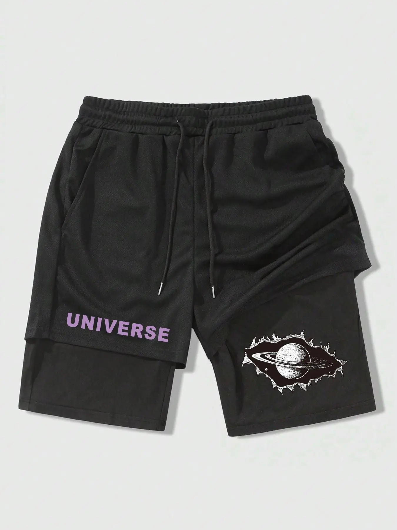 Men's Regular Fit Galaxy & Letter Print 2 in 1 Drawstring Waist Shorts, Casual Pocket Track Shorts for Summer, Fashion Men's Bottoms for Daily Wear