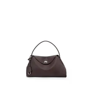 Zephyr Brown Grain Pebbled Leather Handbag with Magnetic Flap Closure & Signature O-ring Charm