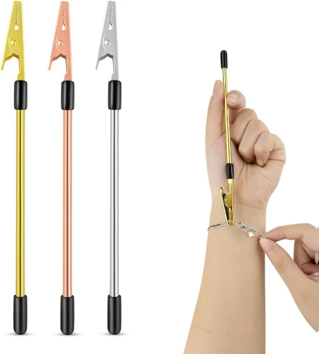3 PCS Bracelet Helper Tool - Fastening Helper for Watch, Necklace & Zipper Clasps - Gold, Silver & Rose Gold Metal Jewelry Clasp Hooking Ties