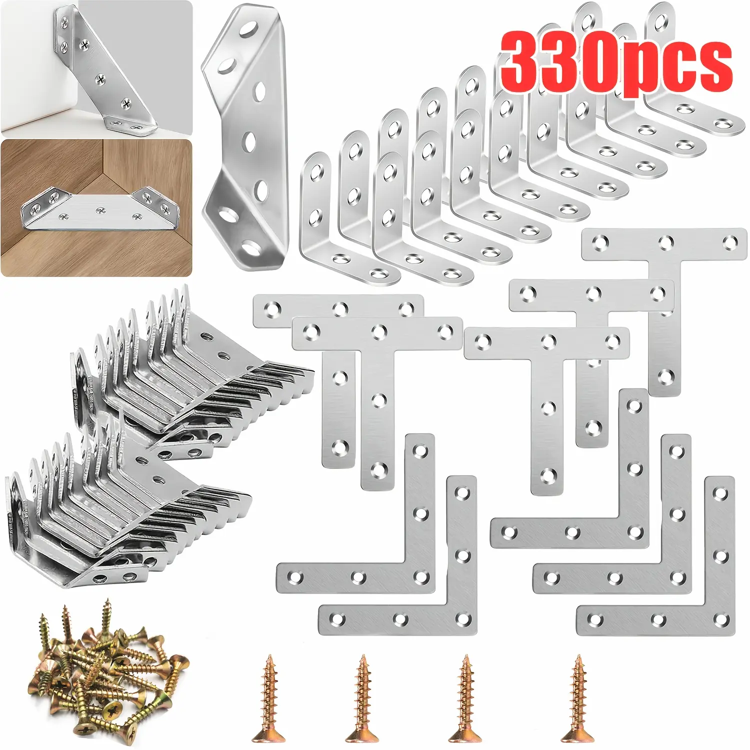330pcs Universal Stainless Steel Furniture Corner Connectors, L And T Bracket Corner Brace, Flat Plate Straight Bracket With Screws - Heavy Duty Triangular Support Brackets For Wood Furniture