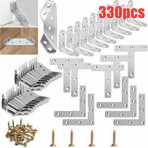 330pcs Universal Stainless Steel Furniture Corner Connectors, L And T Bracket Corner Brace, Flat Plate Straight Bracket With Screws - Heavy Duty Triangular Support Brackets For Wood Furniture