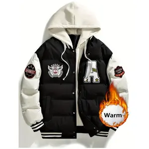 Men's Embroidered Design Street Style Jacket, Thick Padded Coat With Hood, Warm Outerwear For Autumn & Winter
