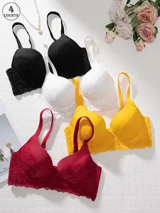 4-piece Lace Patchwork Bra Set, Criss cross bra, with Underwire and Hook Closure, Comfortable, Soft, and Skin-friendly, Suitable for Daily Wear and Parties, Non-removable Padding, Adjustable Straps, Back Design, Solid Color One-piece Women's Bra