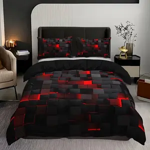 3pc Fashion Tech Grid High-Definition Digital Print Bedding Set, Home Comfortable Quilt Cover Three-Piece Set, Stylish and Modern Design