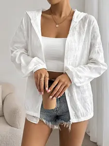 Lightweight Textured Long Sleeve Hooded Jacket for Back to School, Spring Summer Autumn Wear, Trendy Casual Outerwear for Women